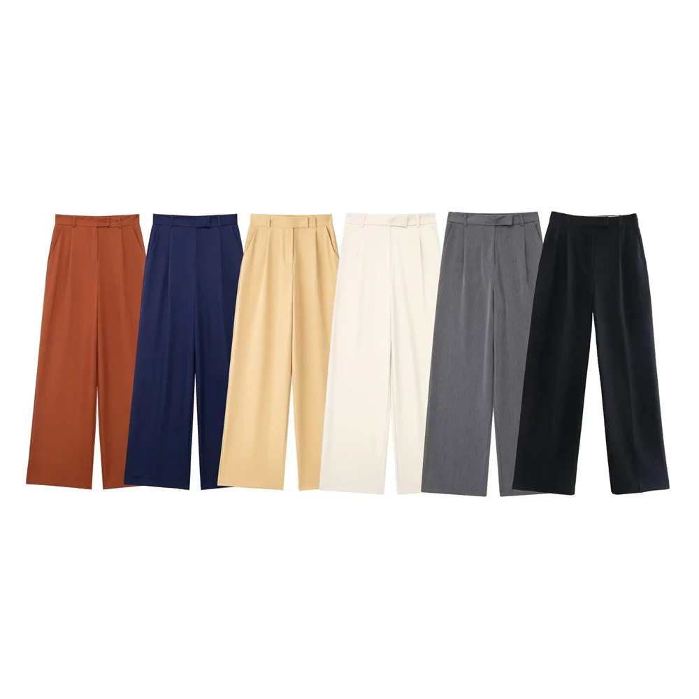 PB ZA 2024 Womens Straight Loose Pants for Professional Small Pleated High Waist Wide Leg 250521