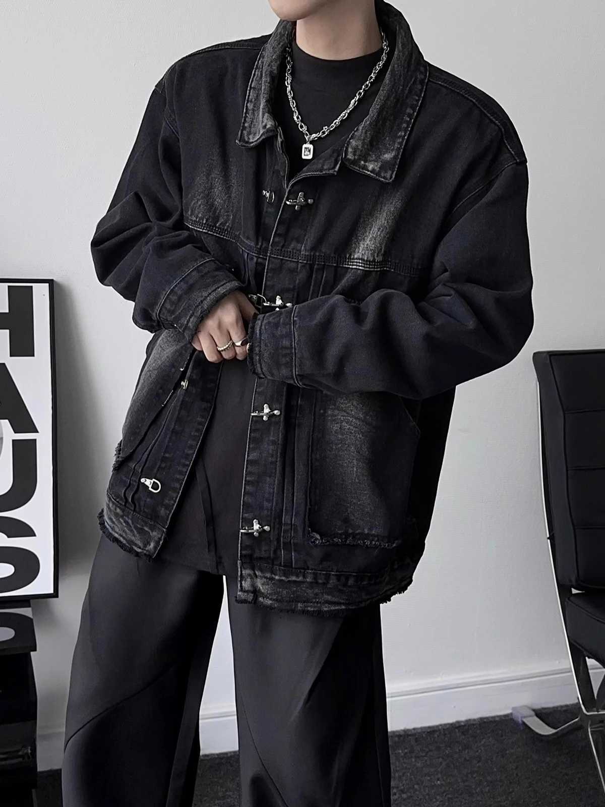 REDDACHIC 90s Mens Button Deconstructed Denim Bomber Jacket Frayed Oversize Coat Distressed Black Hiphop Street Autumn Outwear W250524
