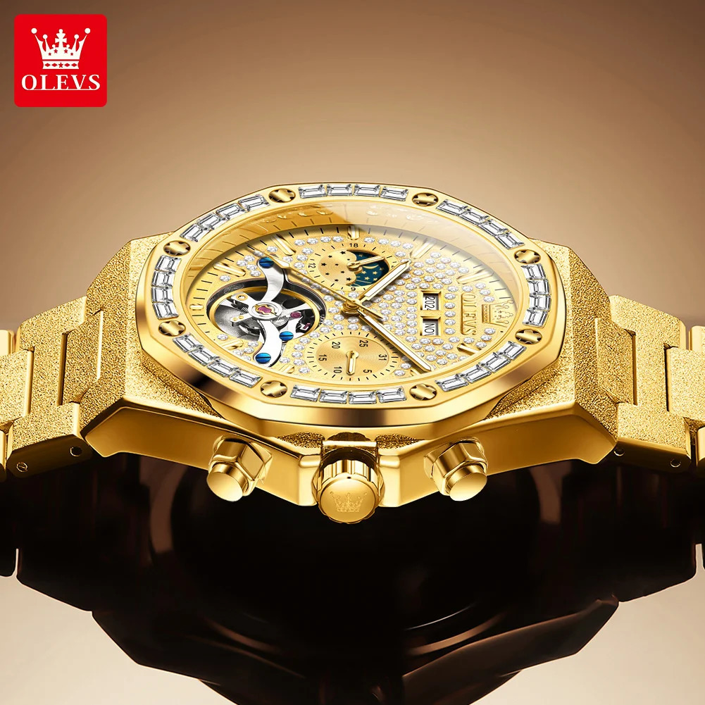 OLEVS 9805 High end Men Watches Waterproof Moon Phase Diamond Dial Fashion Mechanical Watch Skeleton Original Wristwatch 250603