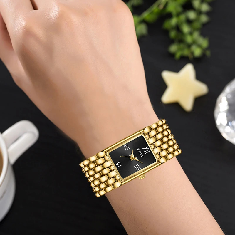 LIGE 2025 Fashion Gold Womens Watch Quartz Watch Stainless Steel Bracelet Retro 30M Waterproof Watches Women reloj 250603