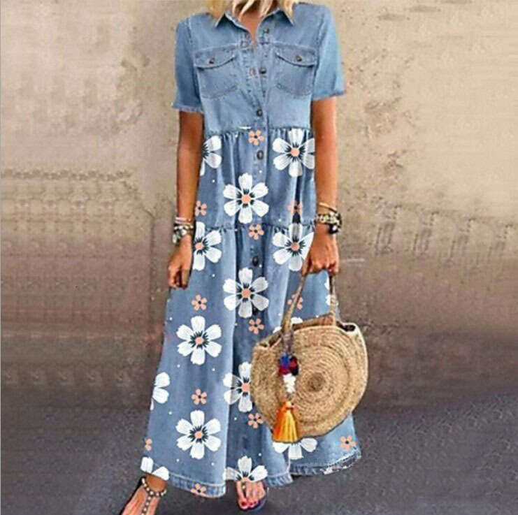 Maxi Dress Quick Selling Outong Denim Style Long Multi Button Vintage Dress Floral Dress