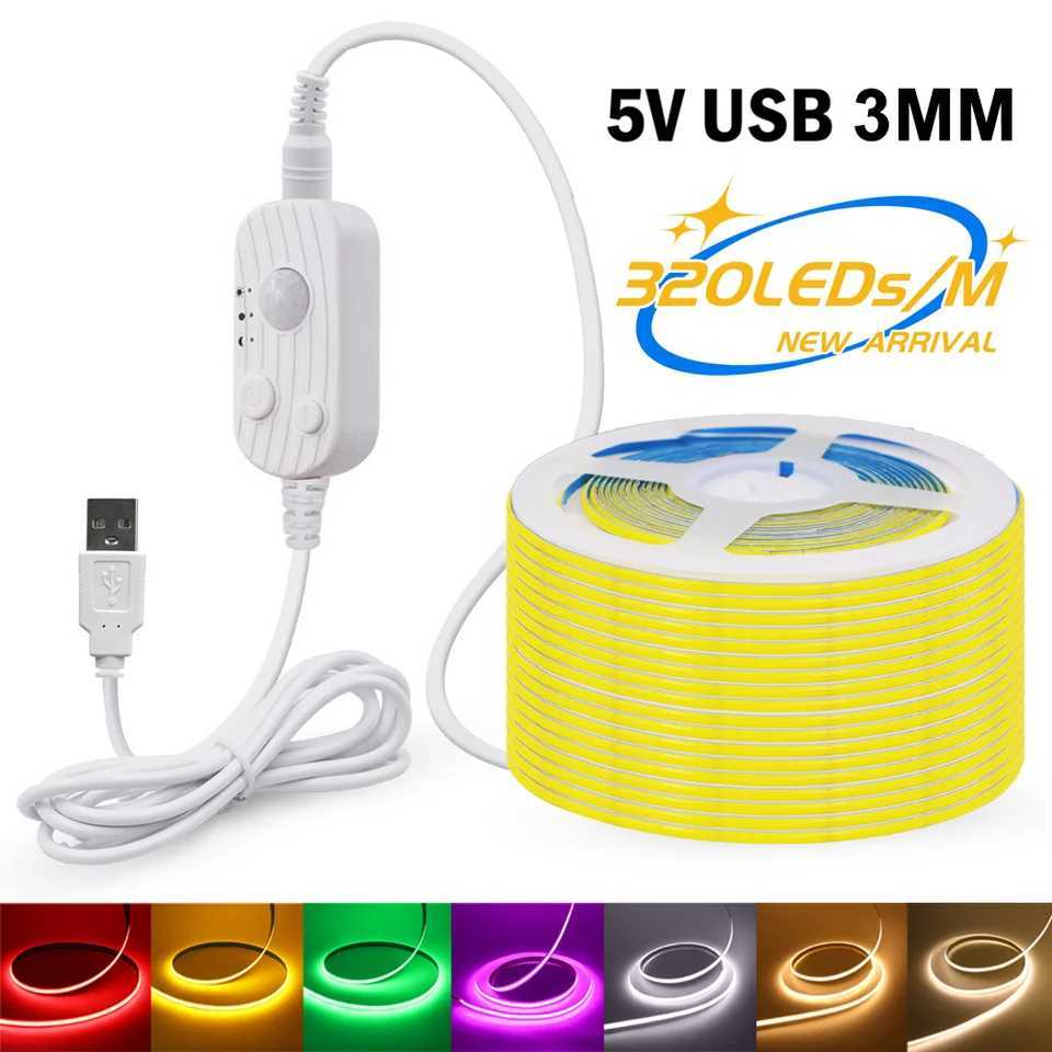 LED COB Light Strip Motion Sensor Flexible Diode Tape 3mm 5V USB Linear Indoor Lighting Lamp Room DIY TV Mirror Backlight W250524