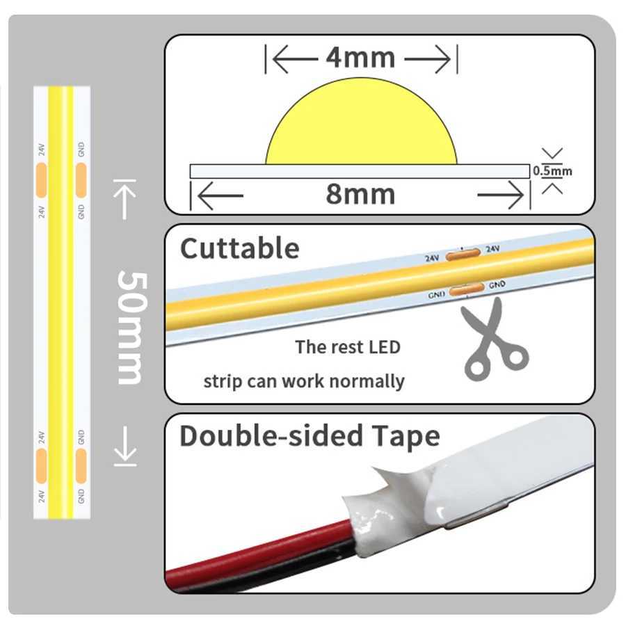 24V 12V COB LED Strip Light 8mm 320LEDs/M High Density Flexible Diode Tape Ribbon for Room Decor 1M 2M 3M 5M 10M Linear Dimmable W250524