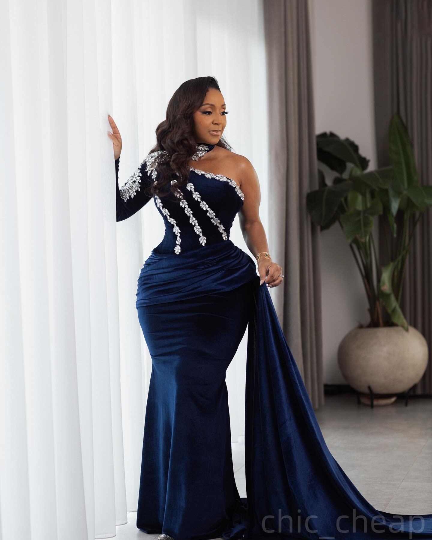 Navy Blue Mermaid Prom Dresses 2025 Crystals Velvet One Shoulder Evening Formal Party Second Birthday Engagement Gowns Plus Size Dress For Special Occ