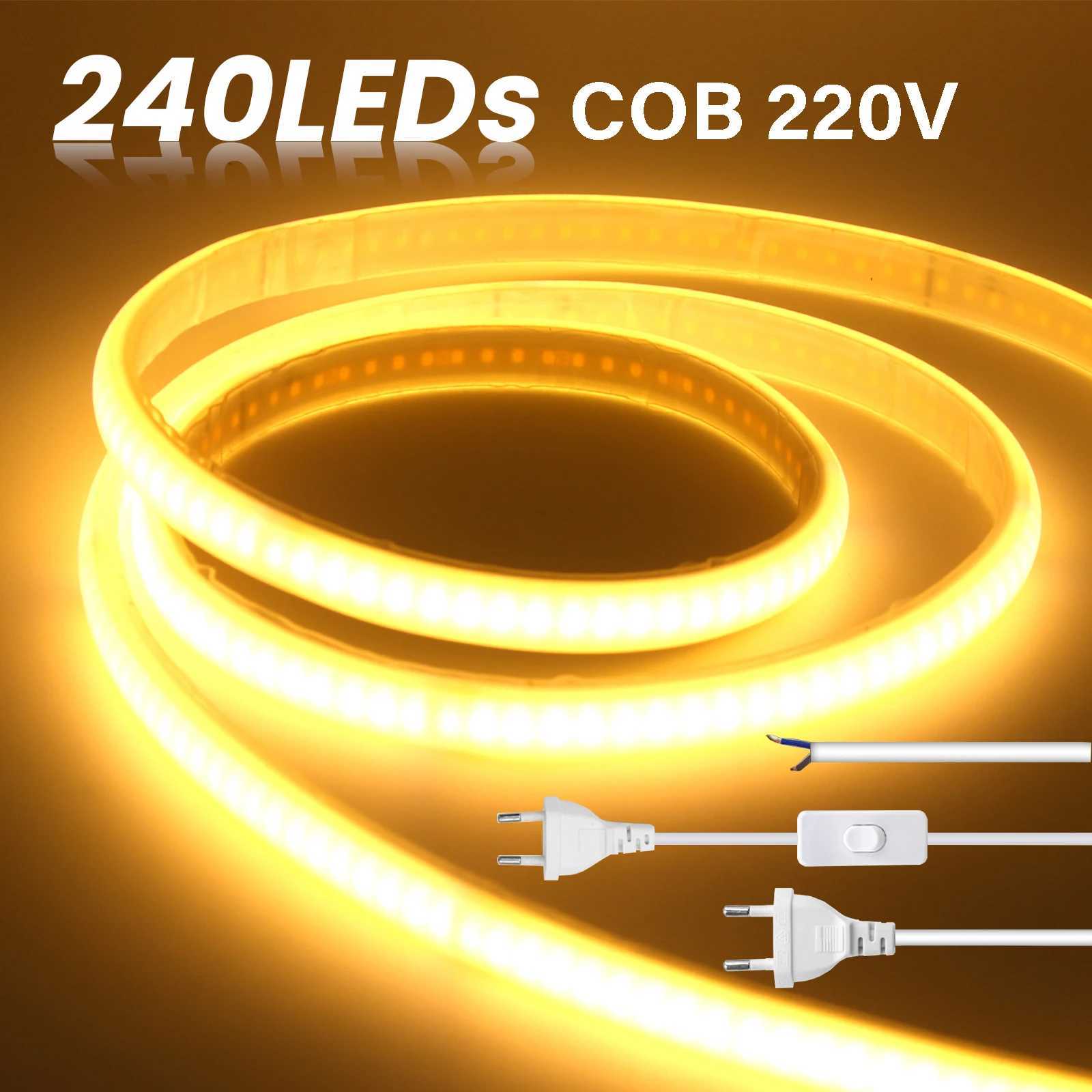 220V Adhesive COB LED Strip Light Built-in IC 240LEDs/M Flexible Ribbon IP65 Waterproof Neon Strip Tape With EU Plug Switch/2Pin W250524