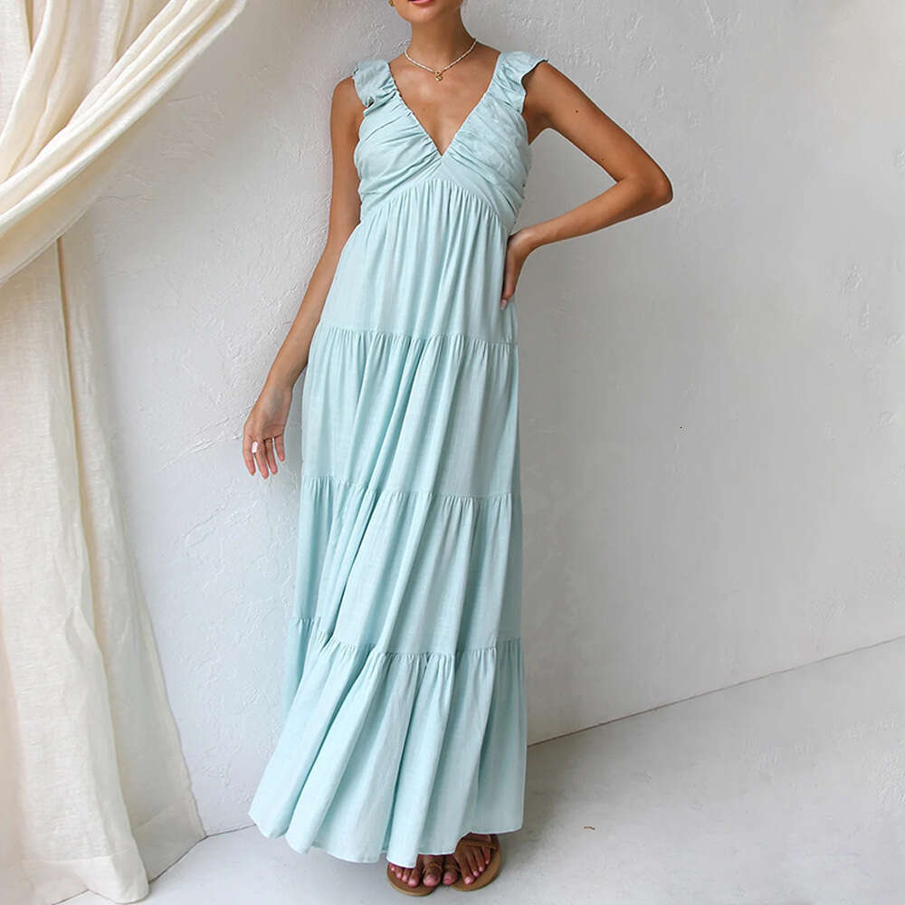 Maxi Dress Spring Summer V Neck Sexy Cotton Linen Sleeveless Solid Lace Strap Holiday Beach Dress Long Dress