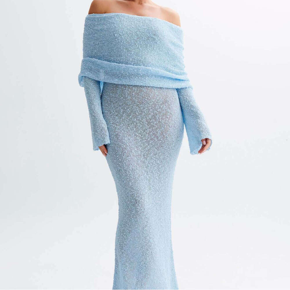 Maxi Dress New Vacation One Neck Beach Cover Shirt Slimming Trumpet Sleeve Dress Long Dress
