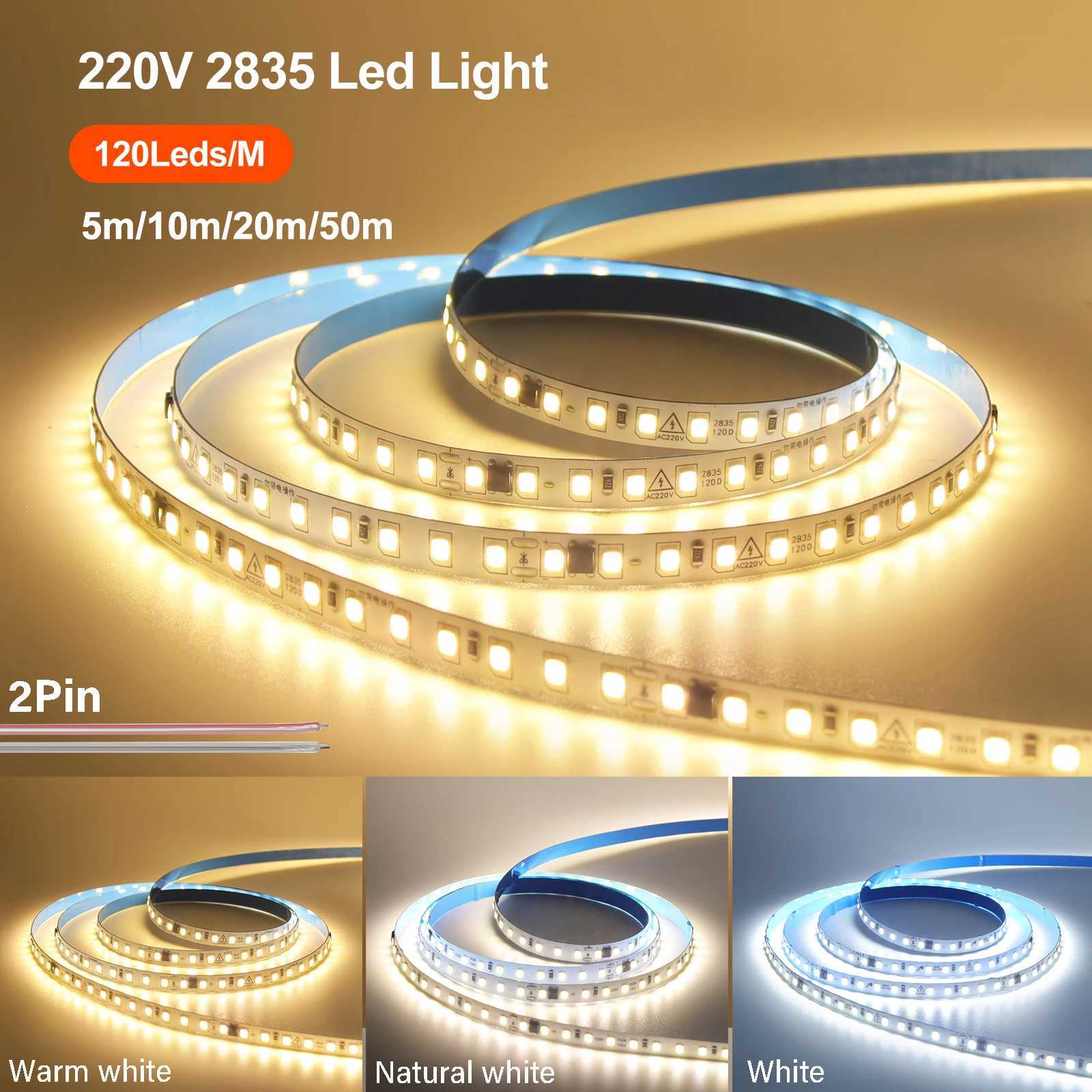 5m 10m 20m 50m 220V LED Strip Light SMD 2835 120LEDs/m 8mm Flexible and Cuttable Home Lamp Adhesive Tape Warm/Natural/Cool White W250524