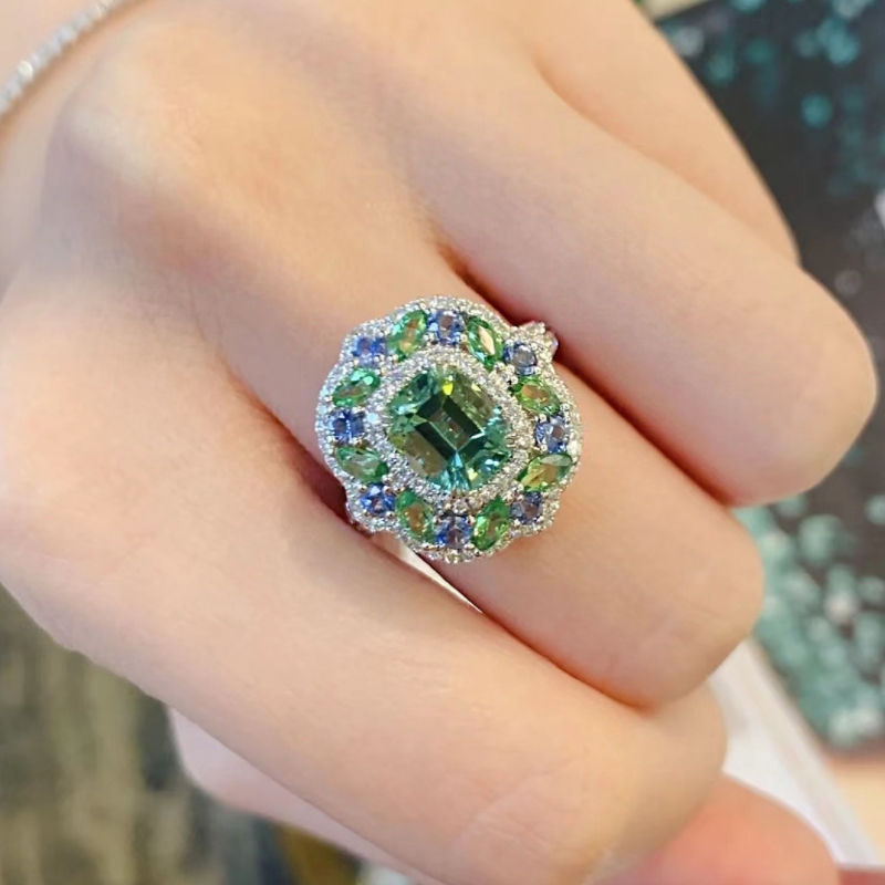 S925 sterling silver 8*10 high carbon diamond green tourmaline best girl girlfriend's garden ring European luxurious and high-end live sales best