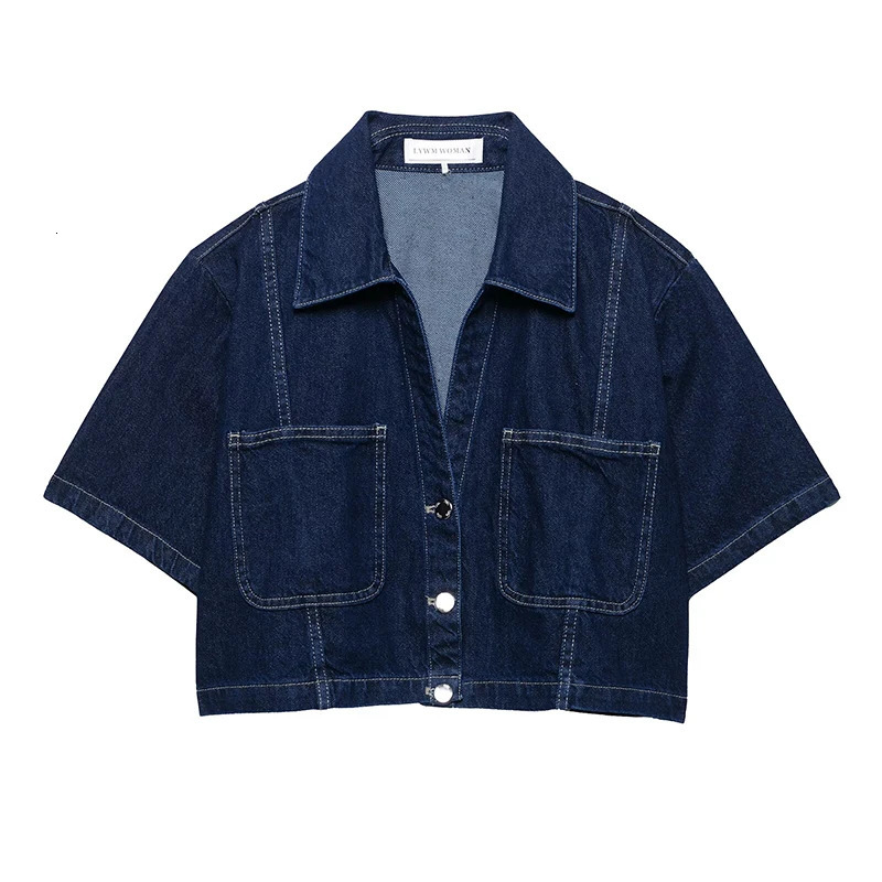 Willshela Women Fashion With Pockets Denim Blue Single Breasted Crop Blouse Vintage Lapel Neck Short Sleeves Female Lady Shirts 250517Z