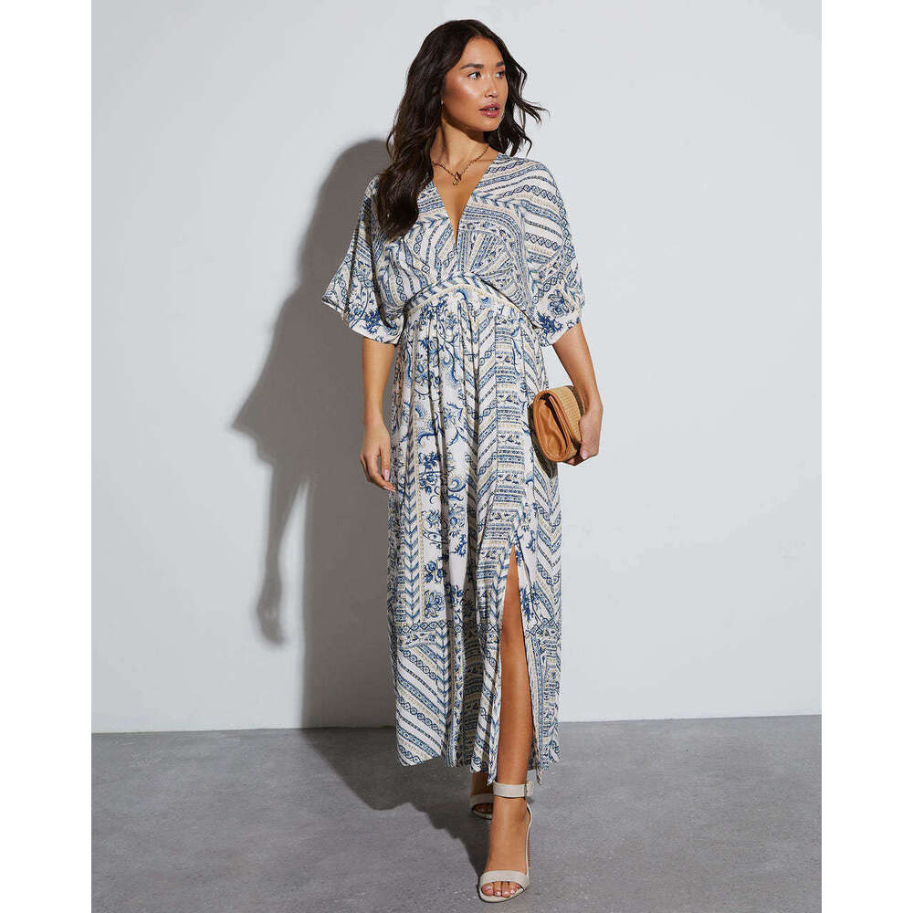 Maxi Dress Women S Spring Summer Long Short Sleeved Printed V Neck Dress For Women Floral Dress