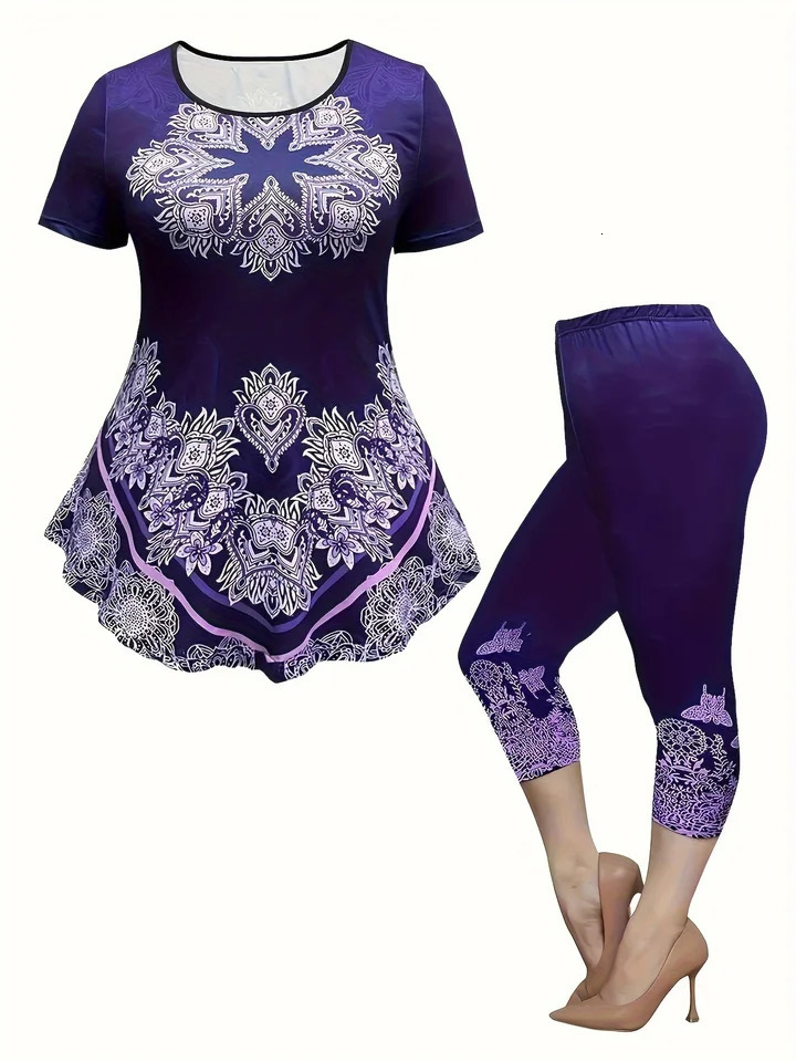 Plus Size Summer Leisure Lady Flower Print TwoPiece Large Round Neck Short Sleeve Jacket Tight Cropped Trouser Suit 250513Z