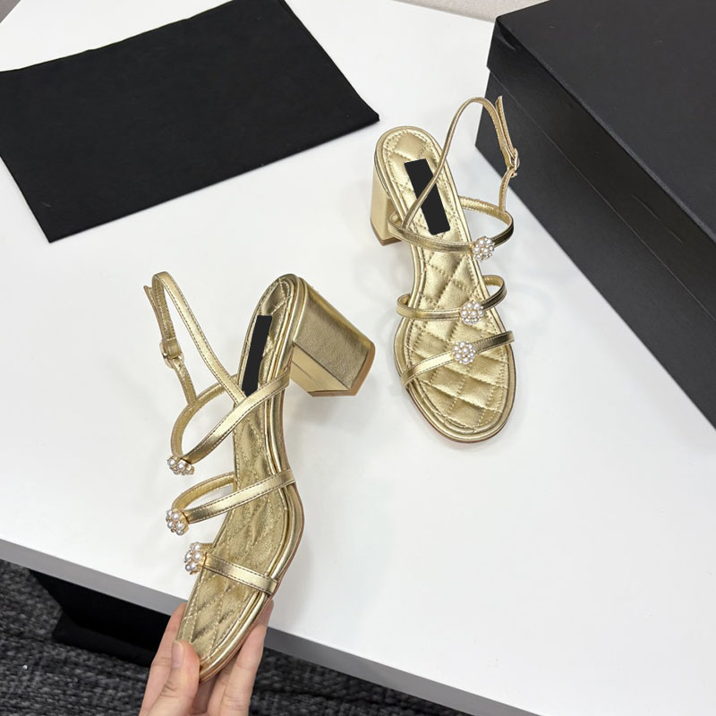 Women Slingbacks Sandals Designer Chunky Heels Cowskin Buckle Strap Slides Outdoor Beach Shoes With Faux Pearl Casual Shoe For Party With Dust Bags Mules