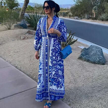 Maxi Dress New Printed Lantern Sleeves V Neck Dress Casual Lace Beach Vacation Long Skirt Floral Dress