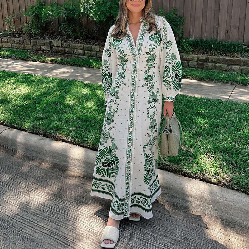 Maxi Dress New Printed Lantern Sleeves V Neck Dress Casual Lace Beach Vacation Long Skirt Floral Dress