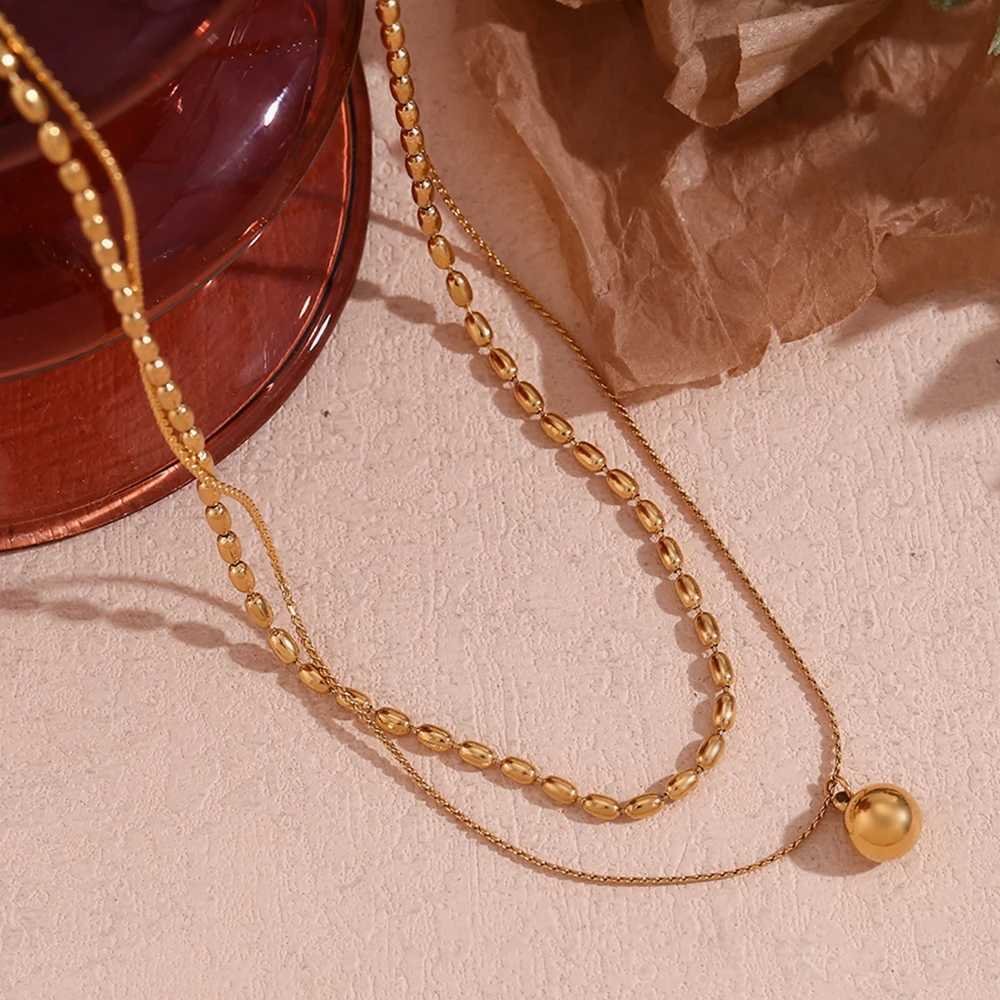 E.B.belle Simple Double-layer R bead Pendant Necklace 316L Stainl Steel Decoration 18K Gold Plated Jewelry XJ250524