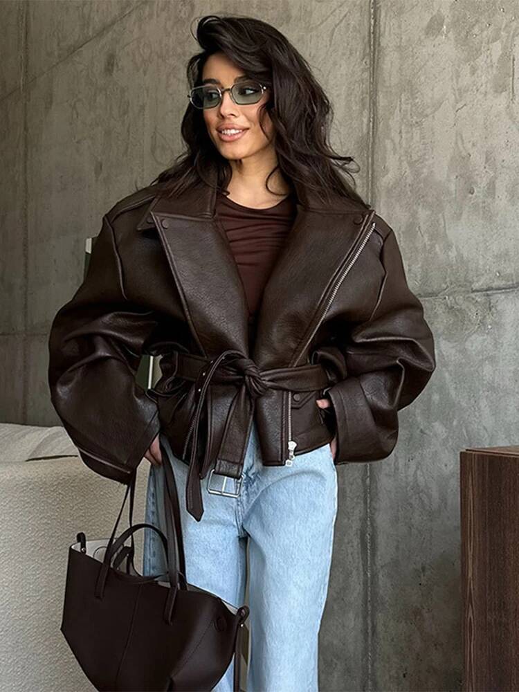 Leather Lapel Lace Up Jacket Woman Loose Solid Color Long Sleeves Zipper Coat Casual Street Fashion Women's New Baggy Jackets