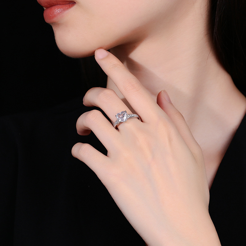 925 Sterling Silver Heart-Shaped Pink Diamond Ring with Blue and White Diamonds, Full Diamond Design, Elegant Luxury Engagement Ring for Women
