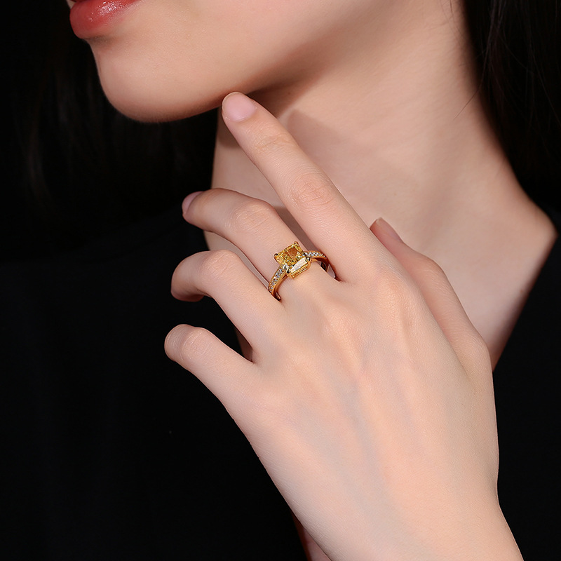 Elegant 925 Sterling Silver Ice Flower Cut Ring with High Carbon Diamond and Yellow Square Full Diamond Band