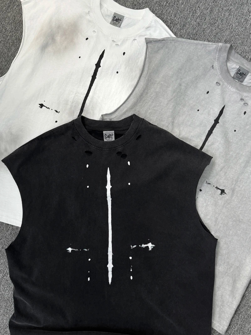 Splash-ink Hole Damaged Tank Tops Vest Men Women High Quality Hip Hop High Street Men's Sleeveless T-shirt Oversized