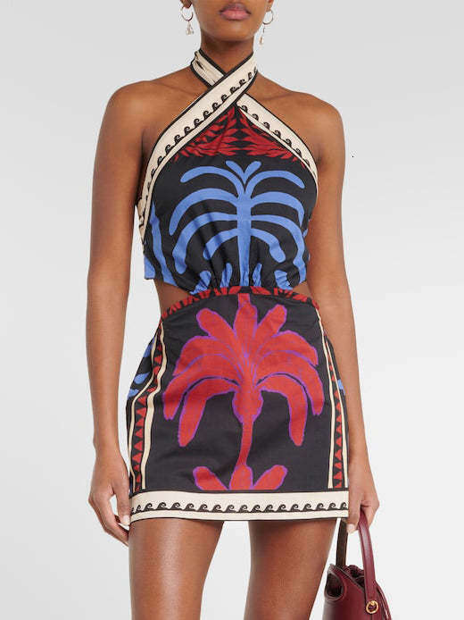Maxi Dress New Summer Sexy Hanging Neck Positioning Printed Holiday Beach Short Skirt Dress Long Dress