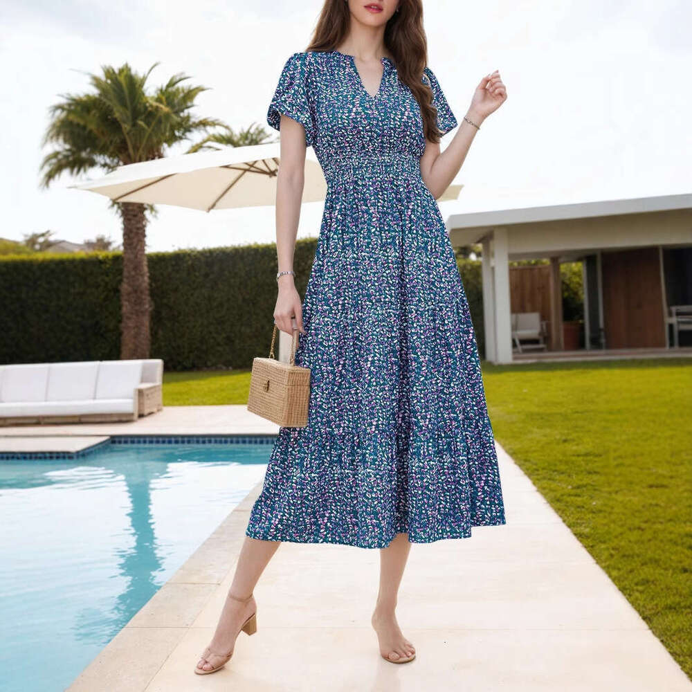 Maxi Dress Summer New Bubble Sleeve Floral Dress Sexy Printed Waist Skirt Floral Dress