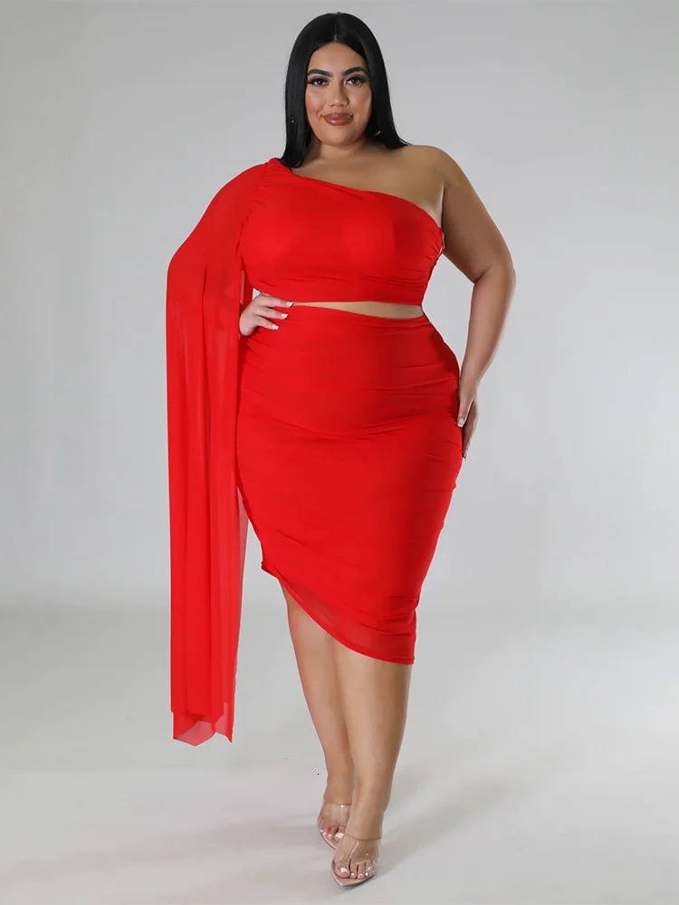Wmstar Plus Size In Matching Sets Two Piece Outfits Summer Single Sleeve Crop Top and Skirts Sexy Wholesale Drop 250513Z