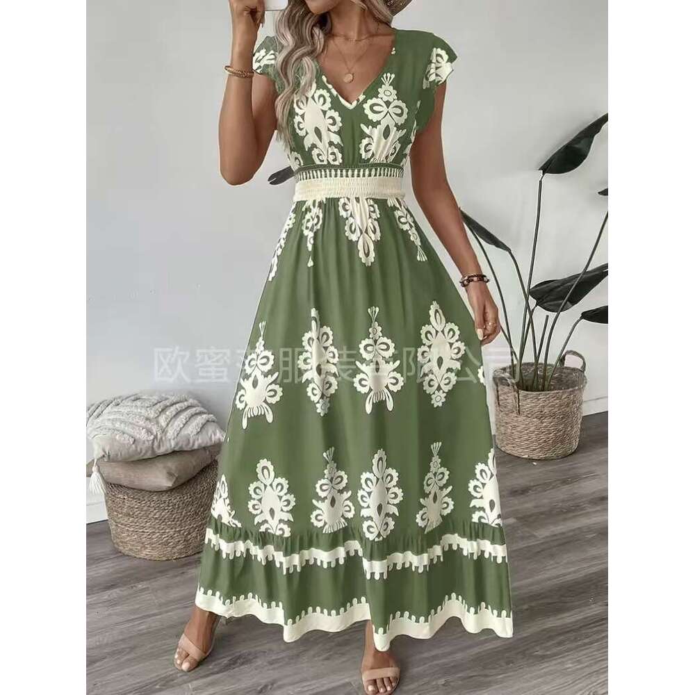 Maxi Dress Spring Summer New Women S Vacation Style Beach Skirt Printed V Neck Large Swing Dress Long Dress