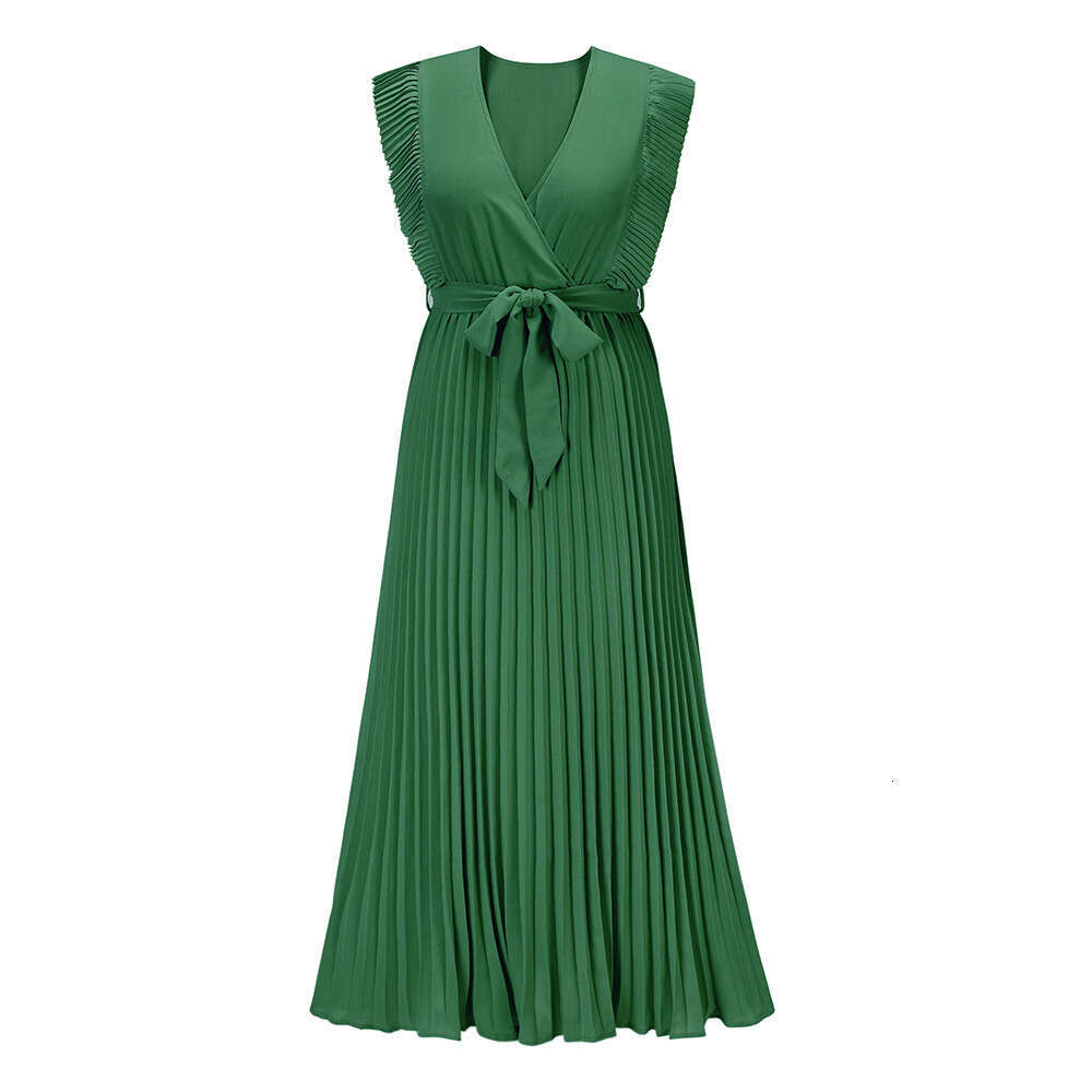 Maxi Dress Temperament Beach Fashion Slim Fit Sexy Lotus Leaf Sleeves Chiffon Pleated Skirt Solid Color Dress Long Dress