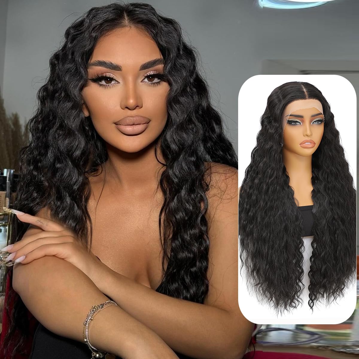 30 inch deep wave curly Natura T-part lace front wig human hair wig | Suitable for Balck ladies 13x4x1 lace