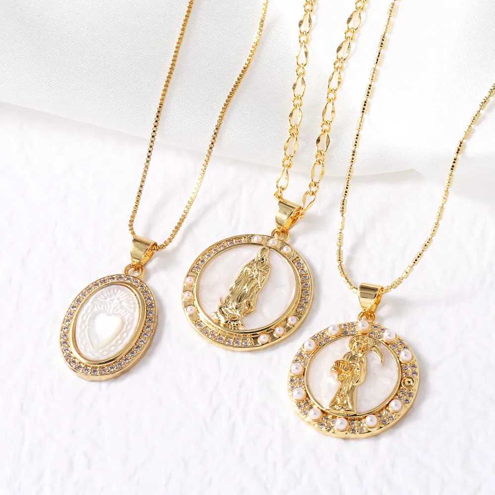 White Pearl Holy Death Necklaces for Women Gold Plated Round Virgin Mary Necklaces Amulet Jewelry Gifts retail89 XJ250524