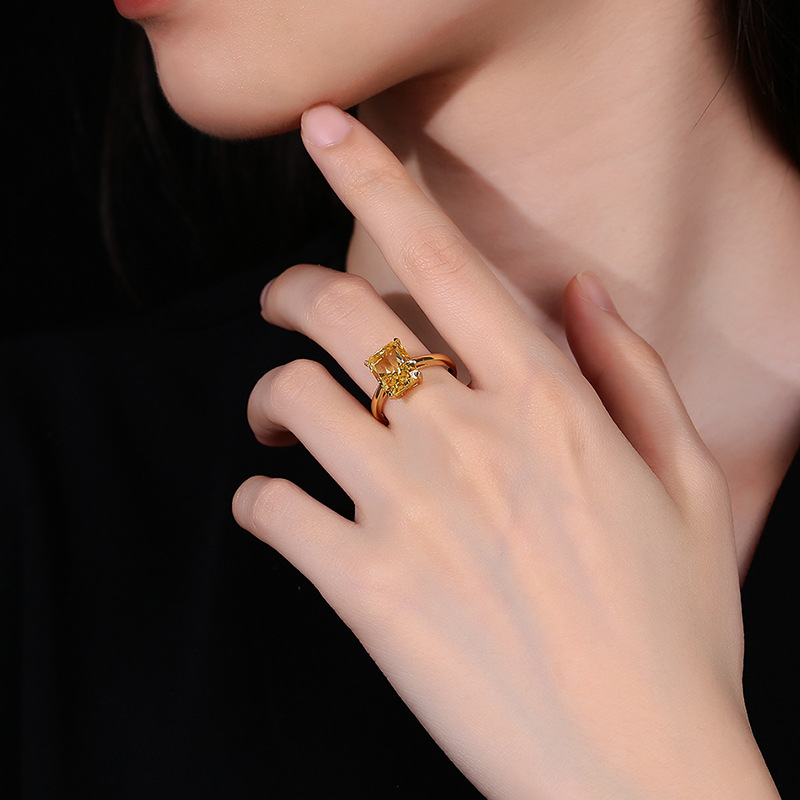 Princess Cut Yellow Diamond Ring with High Carbon Diamond, Ice-Flower Cut, S925 Sterling Silver, Fashion Engagement Ring