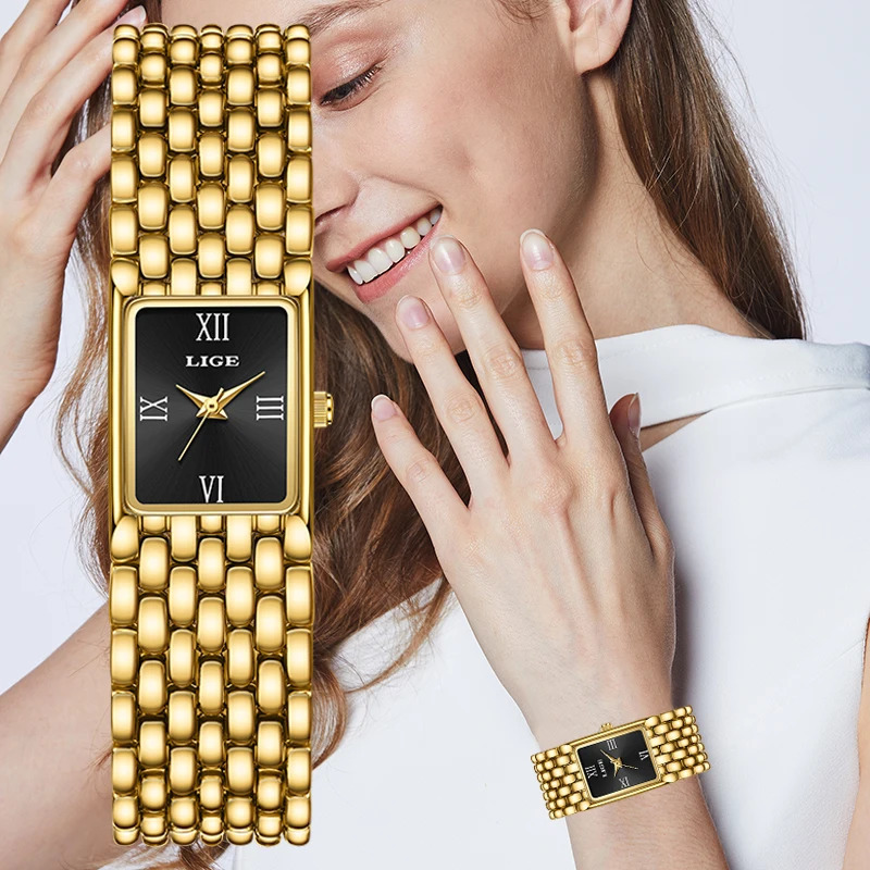 LIGE 2025 Fashion Gold Womens Watch Quartz Watch Stainless Steel Bracelet Retro 30M Waterproof Watches Women reloj 250603