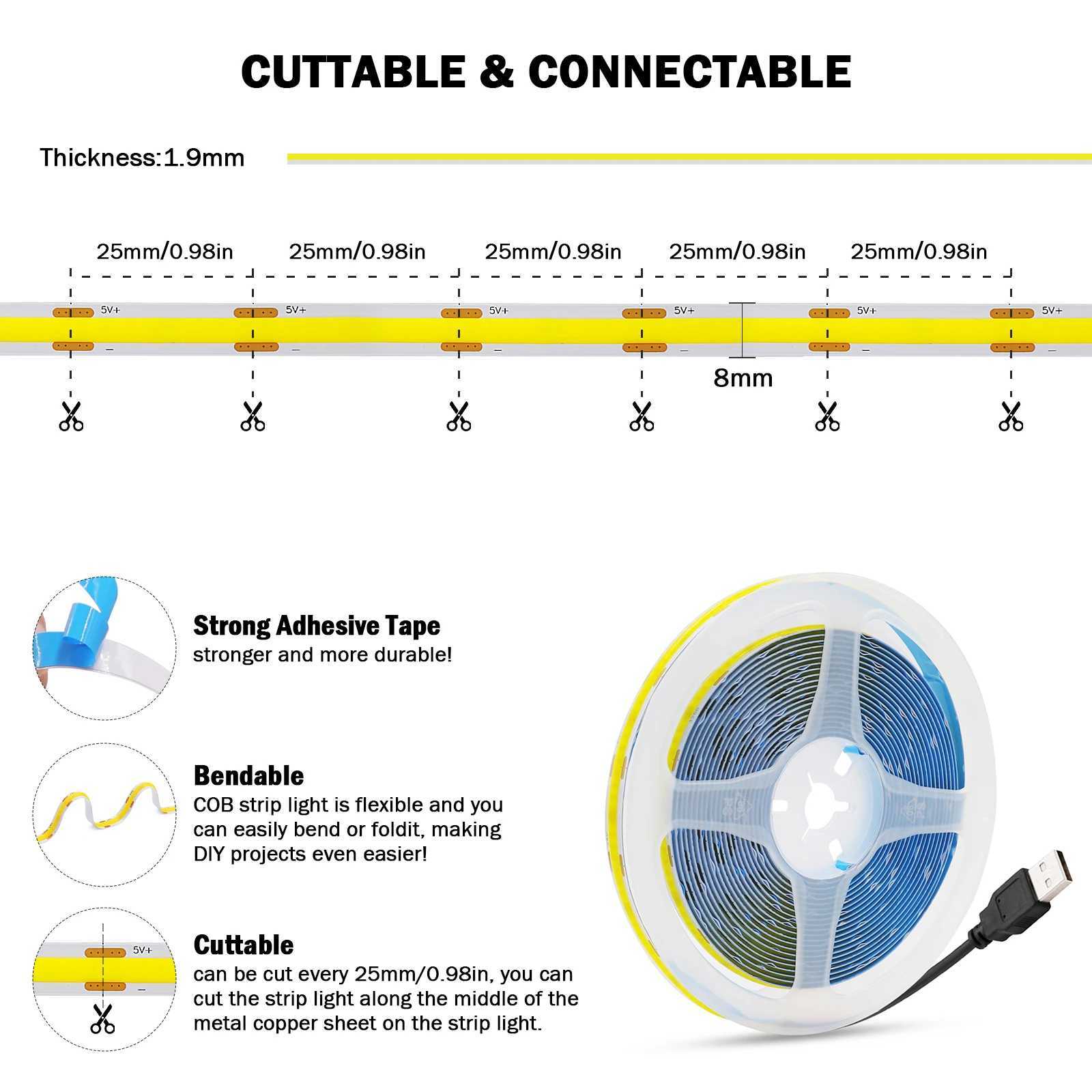 DC5V USB COB LED Strip Light White/Pink/Red/Yellow/Ice Blue/Green 8MM 320LEDs/M Flexible Night Light for Home Decor TV Backlight W250526