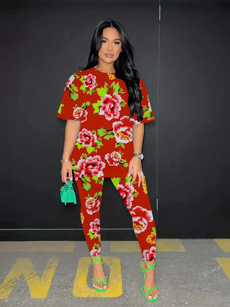 Plus Size Summer Fashion Short Sleeved Trousers 2 Piece Set Womens Northeast Big Flower 3D Print Tee Breathable Clothing 250516Z