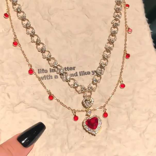 Shining Heart! Red Heart-Shed Zircon Pearl Double-Layer Layered Pendant Ladies Princ Jewelry Necklace XJ250524