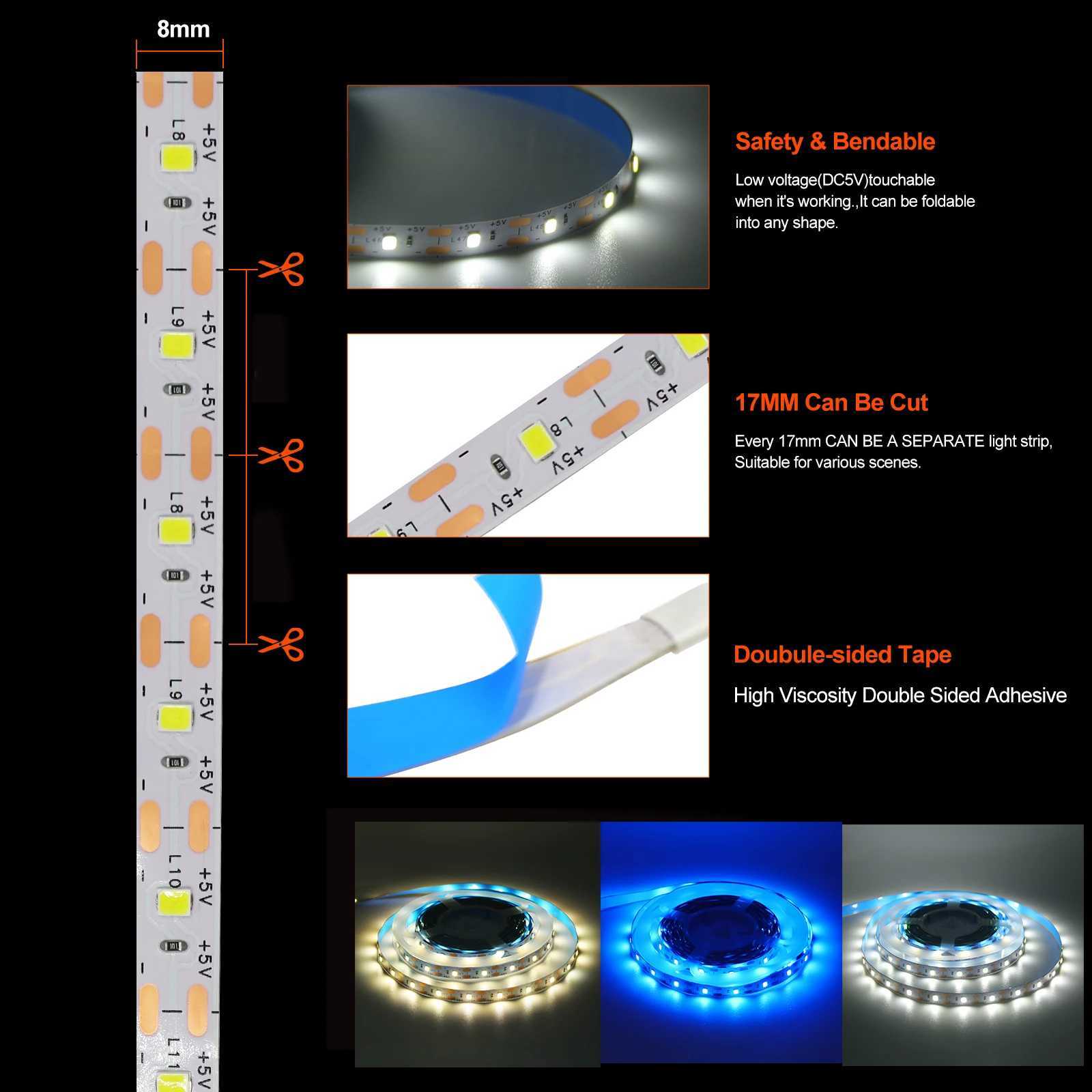 5V USB Led Strip SMD 2835 White/Warm White/Red/Blue/Green /Pink/Yellow 50CM 1M 2M 4M 5M Flexible Ribbon Tape Backlight W250524