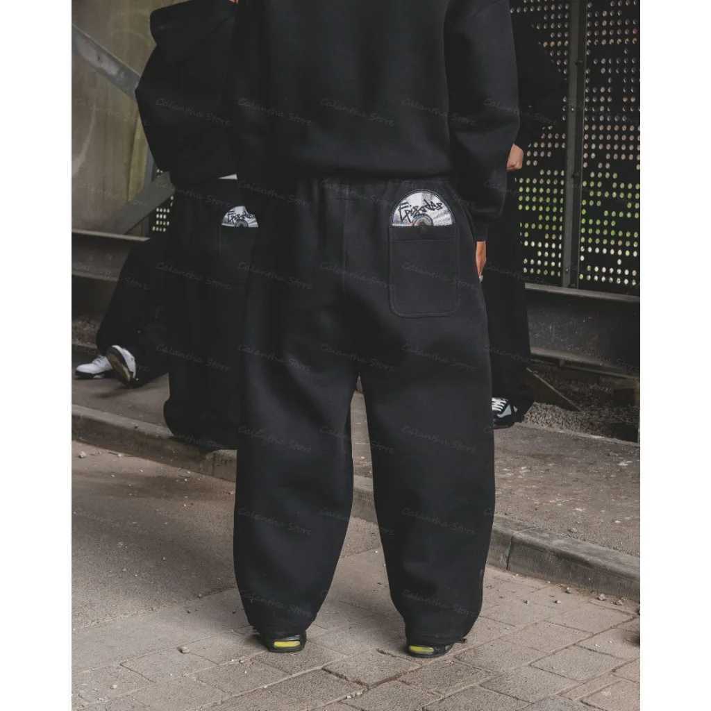 Disc Baggy Joggers Black Oversized Drawstring Flannel Lined Elastic Waistband Casual Streetwear Workout Daily Pants Petite Y2KT250524
