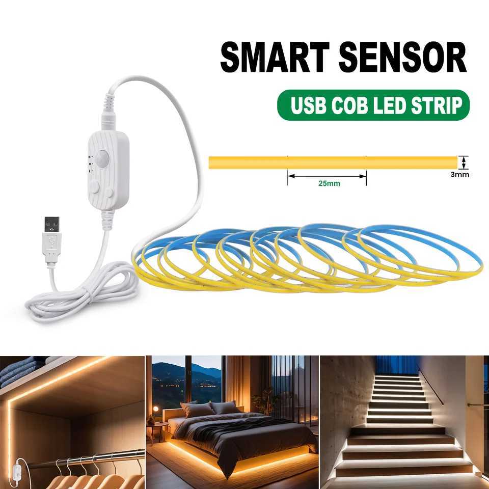 LED COB Light Strip Motion Sensor Flexible Diode Tape 3mm 5V USB Linear Indoor Lighting Lamp Room DIY TV Mirror Backlight W250524