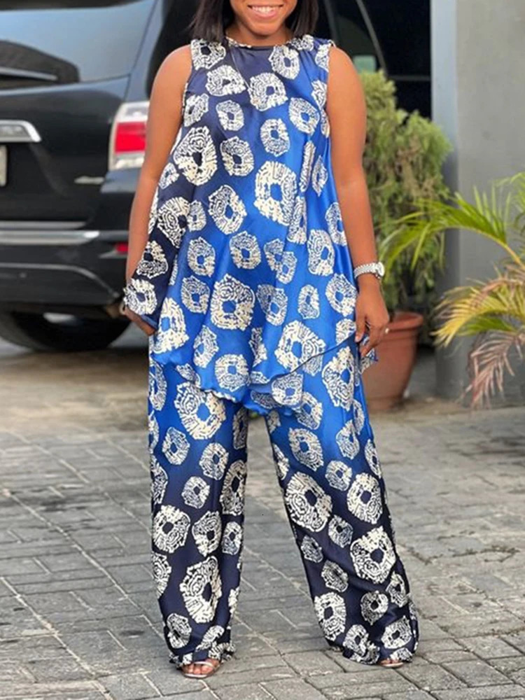 Plus Size Women Pants Sets 2025 VONDA Elegant Printed Suits Vintage Sleeveless Tops Long Trousers Summer Matching Oversized 250516Z