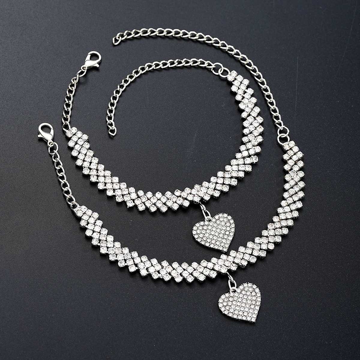 2 Pcs Fashion Silver Color Rhinestone Heart Pendant Anklet for Women Ins Bling Love Foot Ankle Bracelet Set Chain Jewelry Gifts XJ250524