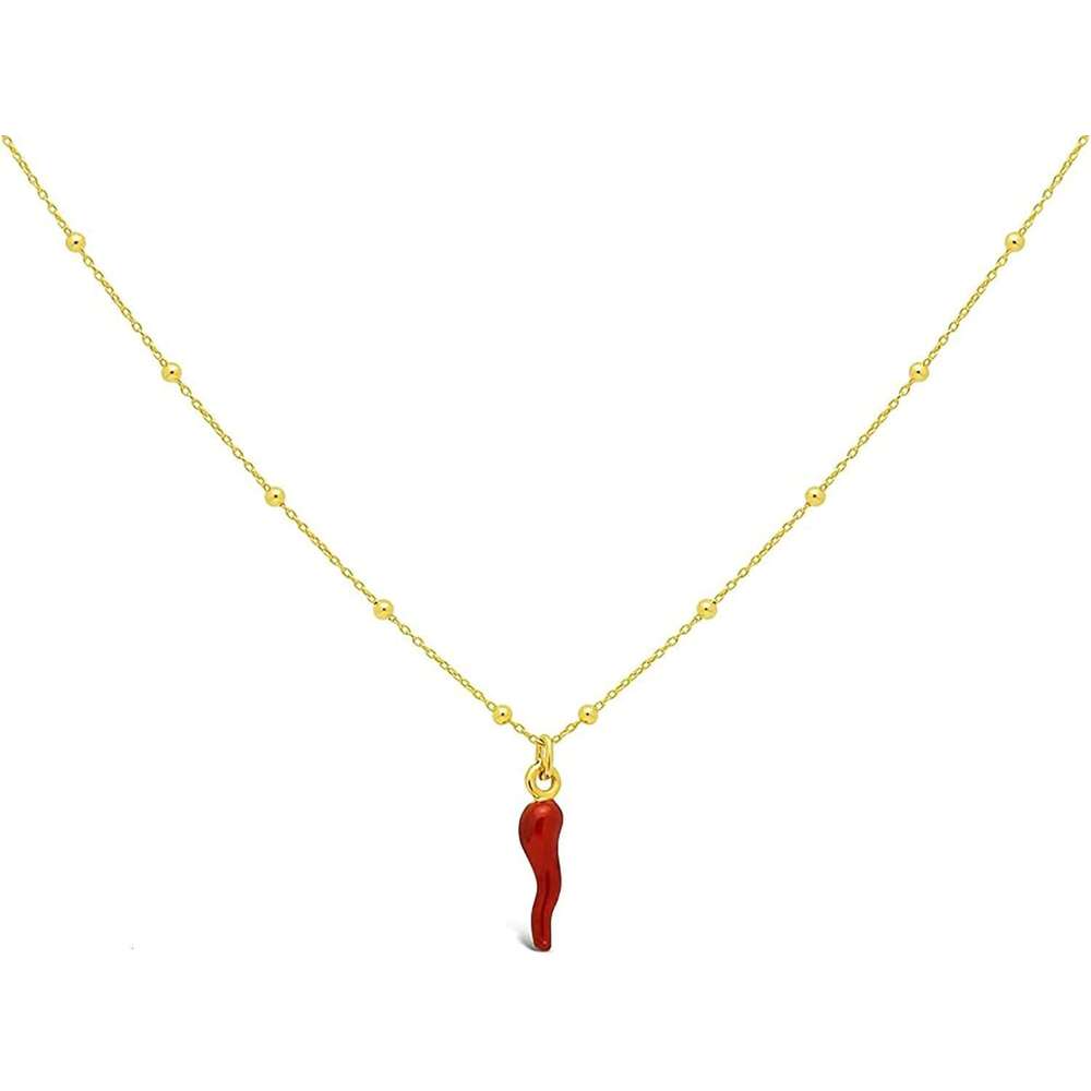 FRONAY Italian Red Horn Necklace -14k Gold and Sier Plated Cornicello Good Luck Pendant