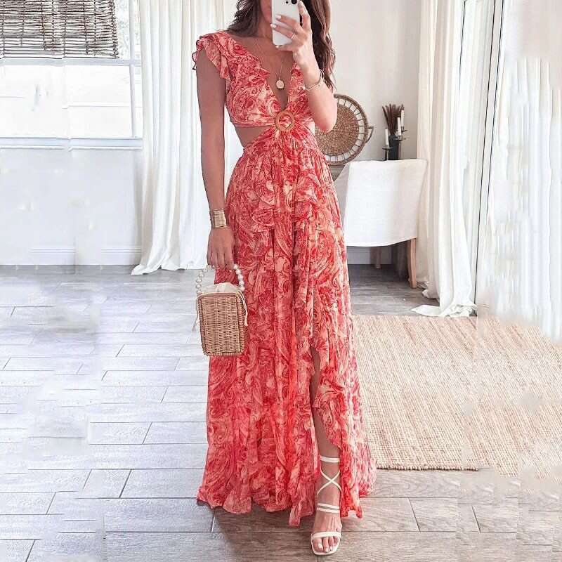 Maxi Dress Women S Spring New Elegant Printed Deep V Sexy Open Waist Hollow Dress Floral Dress