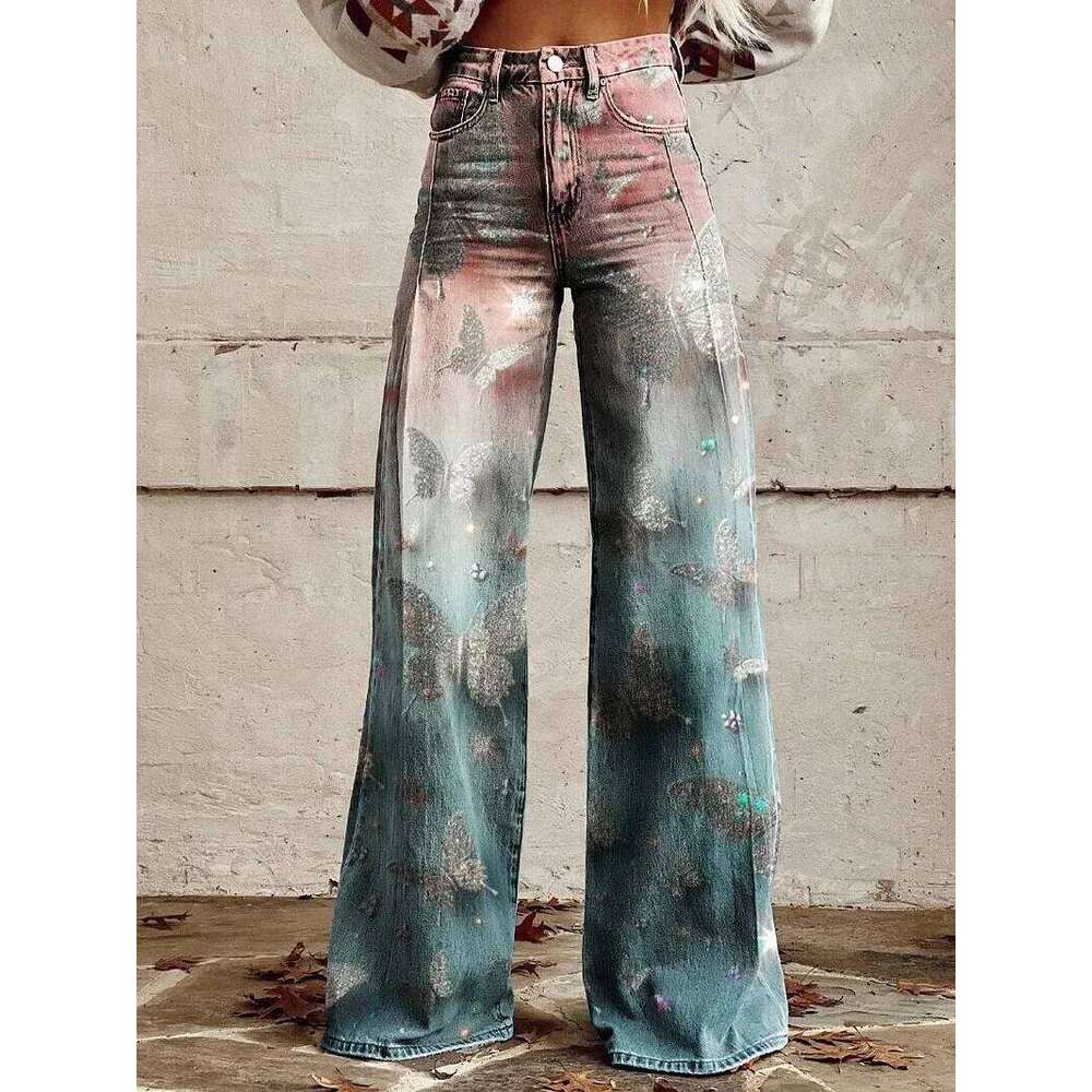 Vintage Gradient Women Wide Leg Denim Pants New Fashion High Waist Casual Retro Punk 3D Print Faux Jeans Trousers