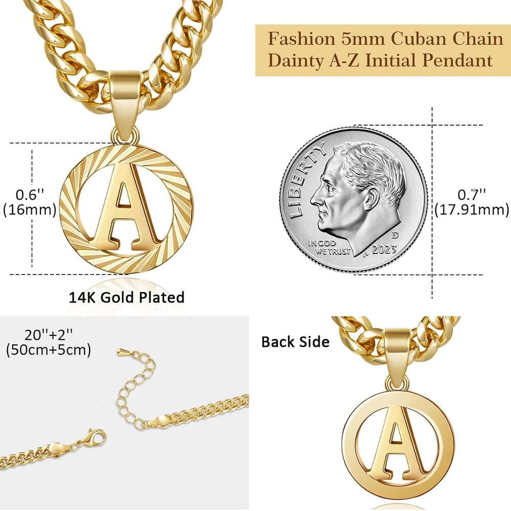 Gold initial necklace, 14K gold-plated circular letter pendant with hollow capital letters 5mm Cuban chain necklace A-Z exquisite jewelry for women an