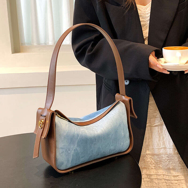 free shipping Simple Tote Large Capacity Underarm Spring Denim Style Commuter Versatile Splice Cross Shoulder Bag