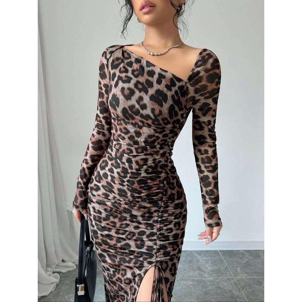 Maxi Dress New Women S Round Neck Long Sleeved Sexy Leopard Print High Waist Temperament Spicy Girl Dress Floral Dress