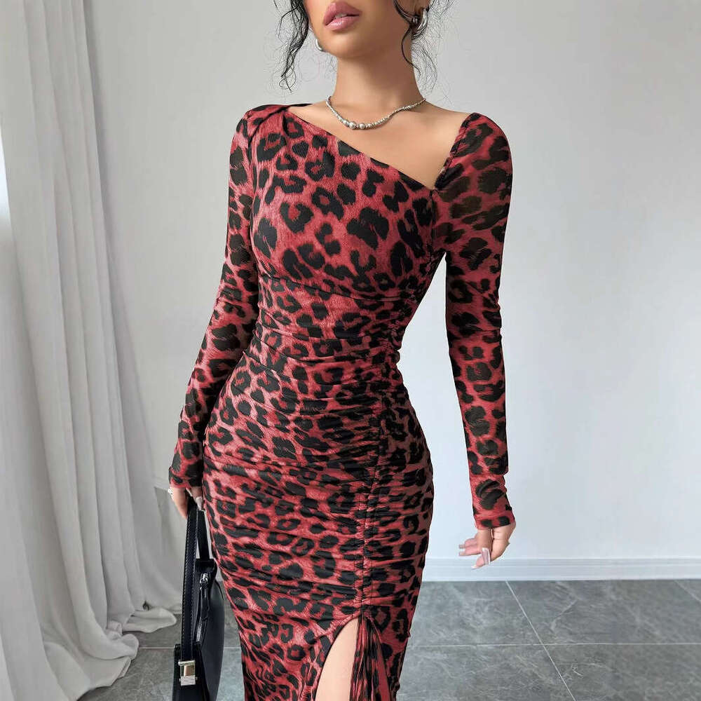 Maxi Dress New Women S Round Neck Long Sleeved Sexy Leopard Print High Waist Temperament Spicy Girl Dress Floral Dress