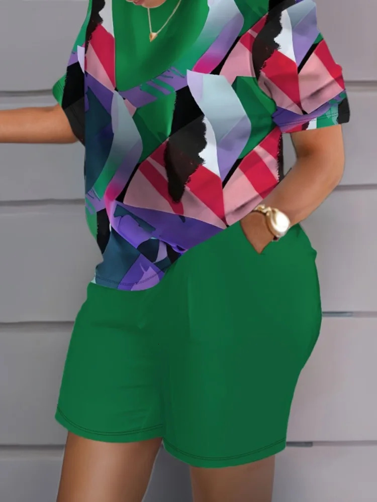 Plus Size 1XL5XL Women Summer Colorful Tie Dye Print Twopiece Sets Casual Short Sleeve Round Neck TShirt Shorts Loungewear 250516Z