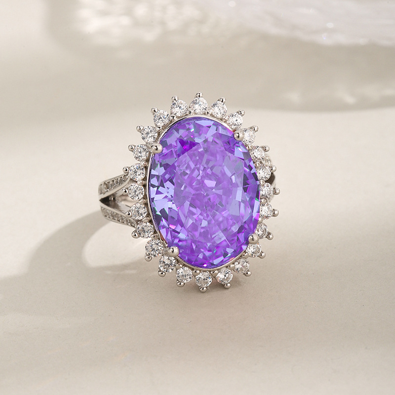 S925 Sterling Silver High Carbon Diamond Purple Padparadscha Ring, Women's Fashion Luxury Jewelry, Aristocratic Style High-End Design Ring